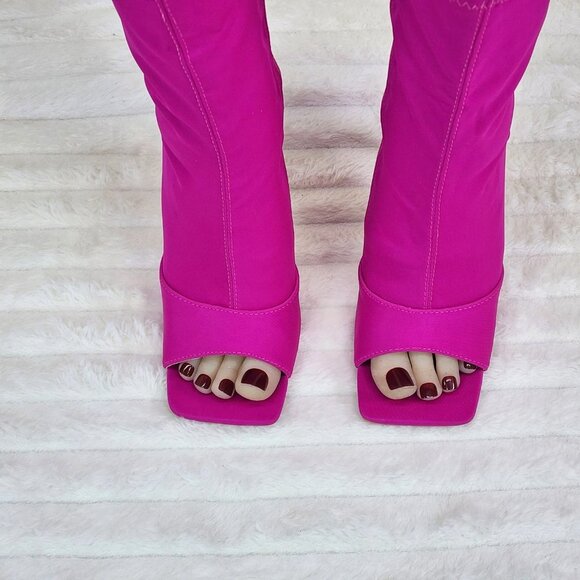 Bold Bright Fuchsia Pink Stretch Square Open Toe High Heel Ankle Boots - Picture 5 of 9